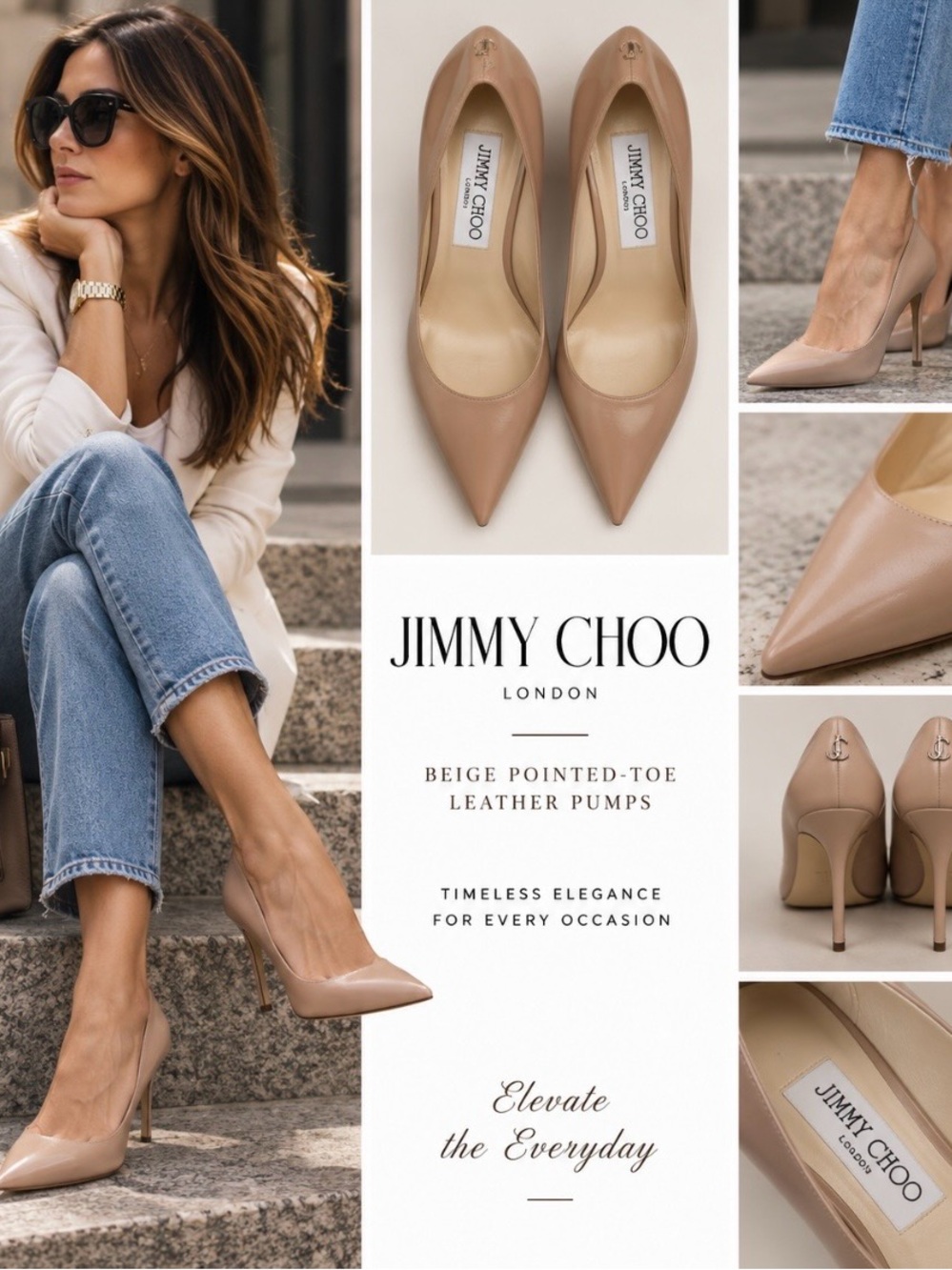 Jimmy Choo Beige Pointed-Toe Leather Pumps AUTHENTIC
